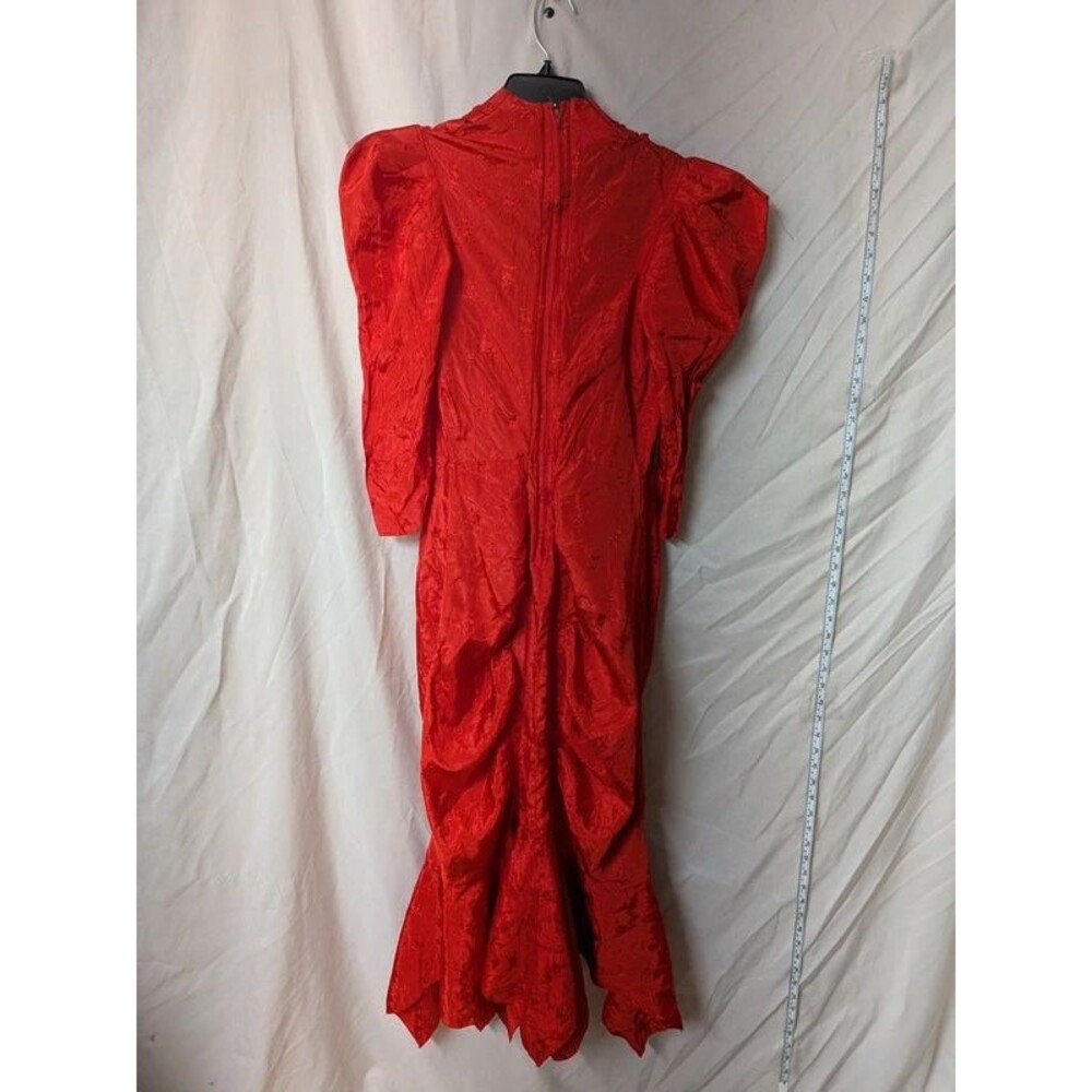 True Vintage 80s Red Silky Puff Sleeve Ruched Midi Dress - No Size-Best Fit XXS - Picture 4 of 10
